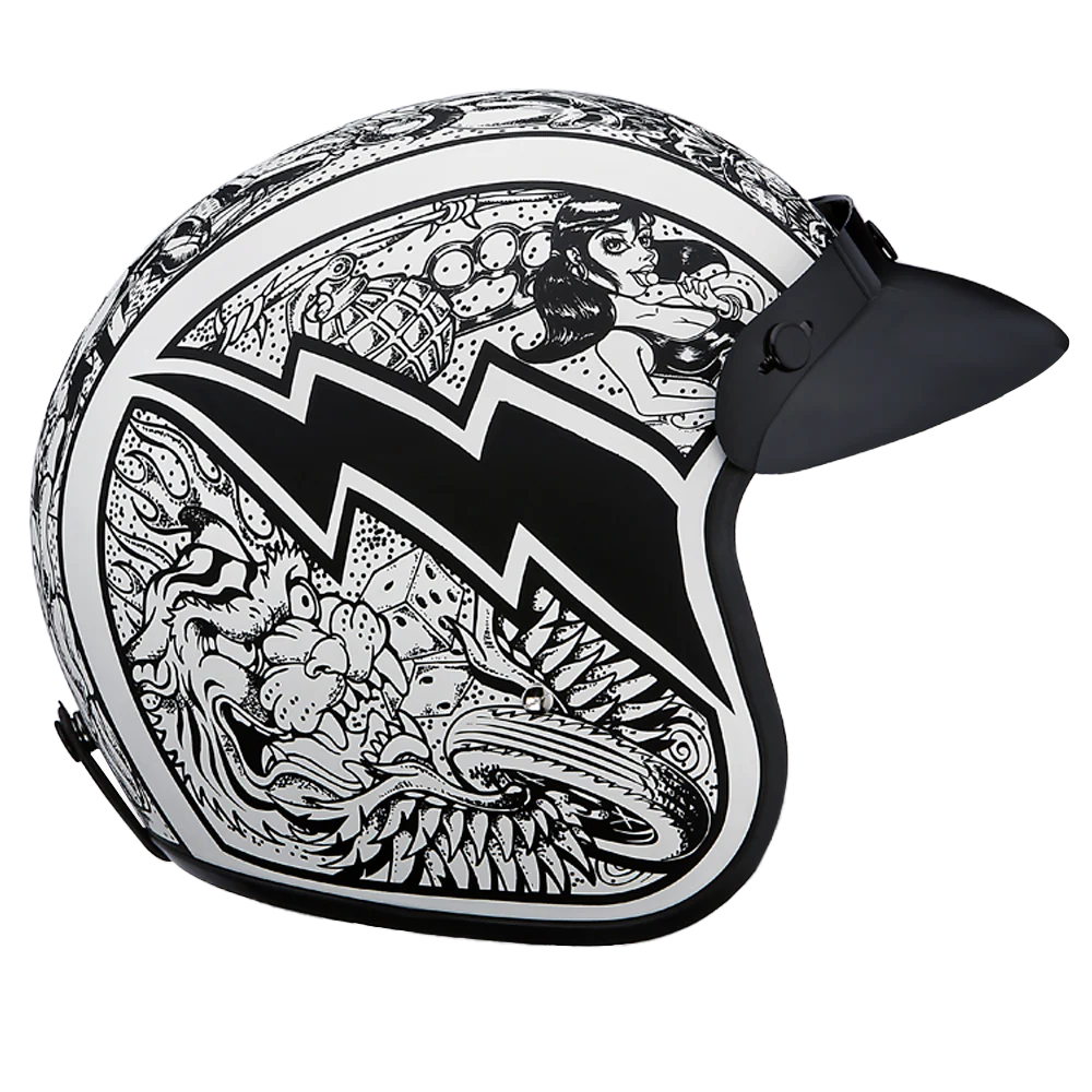 DOT Approved Daytona Cruiser Open Face Motorcycle Helmet - Men, Women & Youth - With Visor & Graphics - W/ Graffiti - Image 3